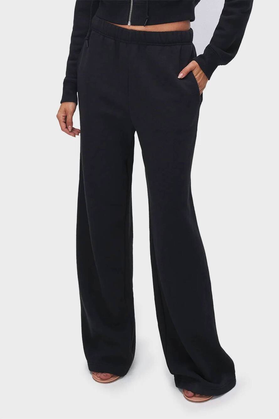 NEW GOOD AMERICAN brushed fleece wide leg pant in black